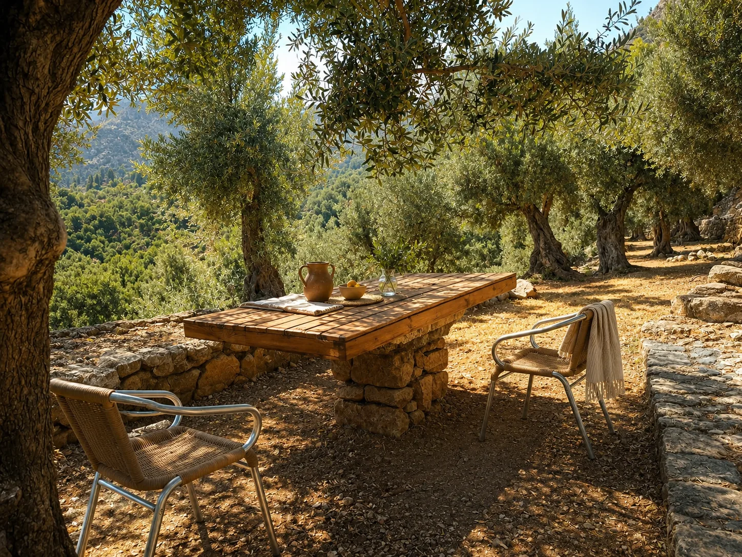 Mediterranean outdoor table under olive trees at Finca Valley